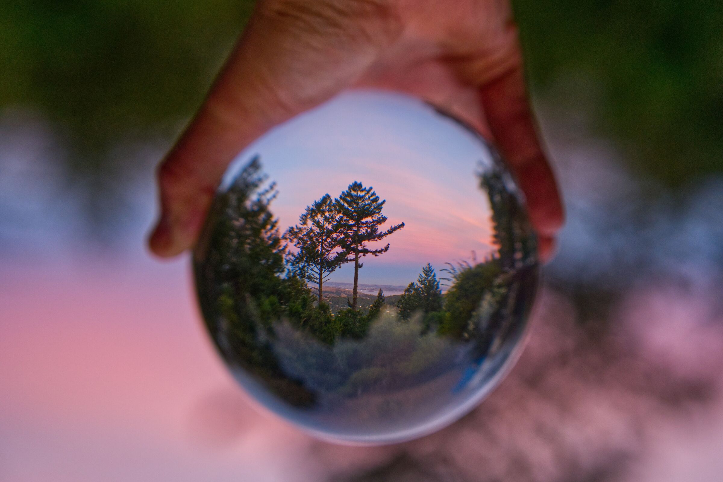 Lensball photograph of Mt. Tamalpais sunset